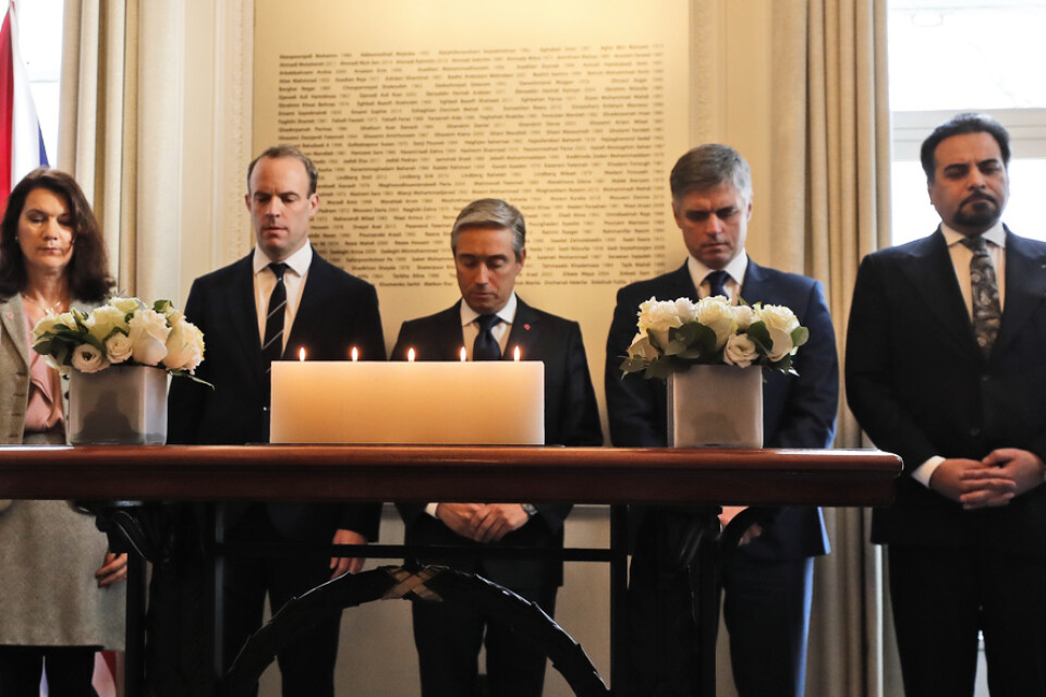 Utrikesministrarna från de drabbade länderna, bland annat Sveriges Ann Linde (S), vid en ceremoni för de 176 personer som dödades vid nedskjutningen.