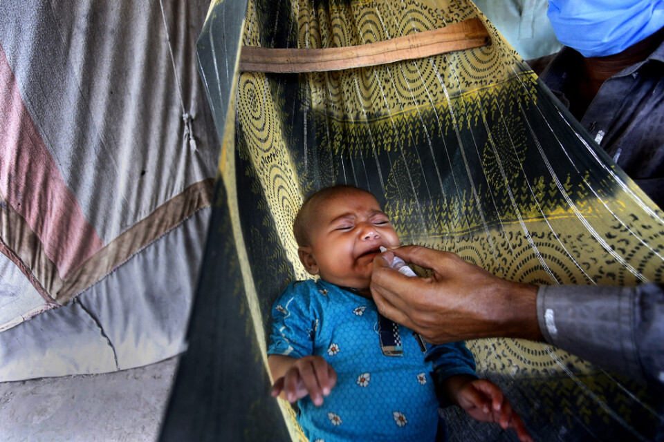 Ett barn i ett slumområde i Lahore i Pakistan vaccineras mot polio. Pakistan är ett av de fem länder i världen som står för nästan hälften av alla dödsfall bland barn under fem varje år. Många av dödsfallen hade gått att undvika genom vaccineringsprogram, enligt Unicef. Arkivbild.