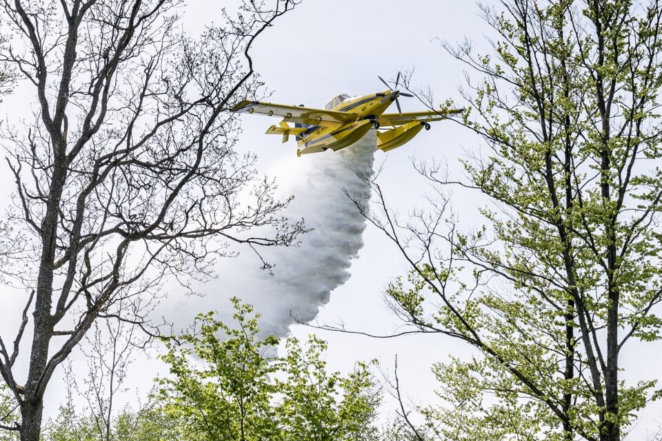 Två markbränder härjar i trakterna av Mönsterås och MSB bistår både med vattenskopande flygplan och helikoptrar som vattenbombar det brinnande skogsområdet. Arkivbild.