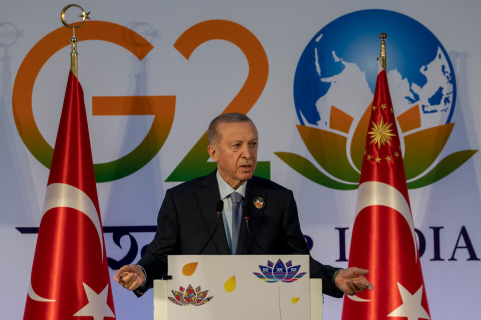 Turkiets president Recep Tayyip Erdogan på en presskonferens i New Delhi.