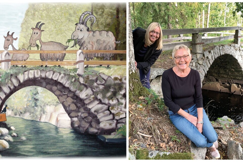 Eva Kvillner och Inger Kvillner vid "Bockarna Bruses gamla bro”. Den gamla stenbron gav inspiration till sagan och ligger vid Ingers barndomshem i Toresbo utanför Nybro.