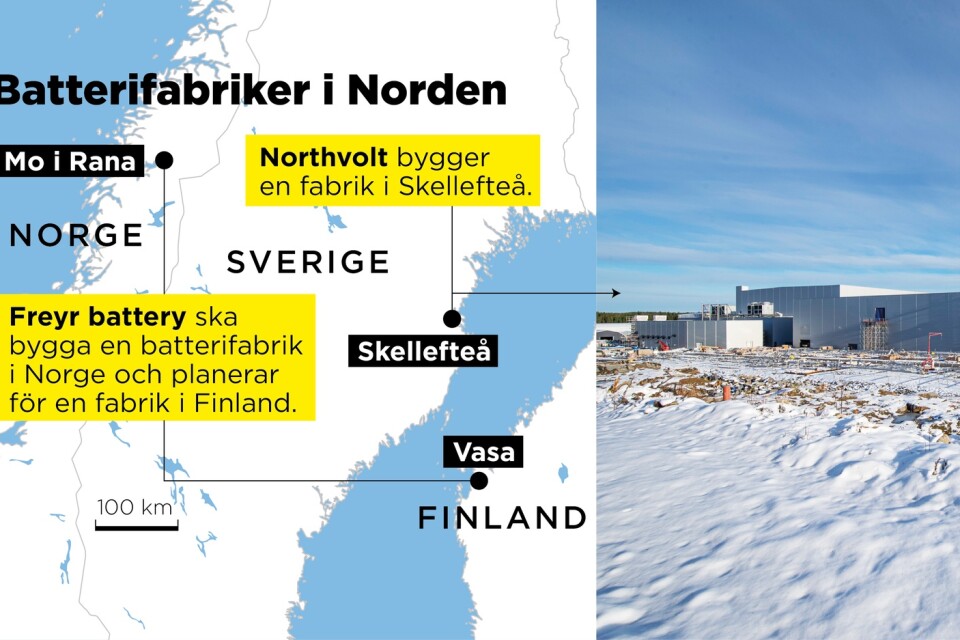 Det nordiska batteribältet växer fram. Till höger syns första etappen i bygget av Northvolt Ett i Skellefteå.