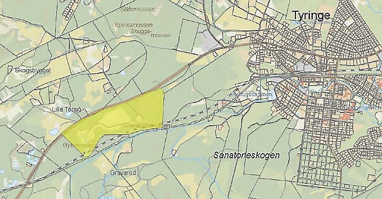 Ett område väster om Tyringe kan bli ny endurobana för FMCK. Men det kan dröja, om det ens går i lås. Markerat gult på kartan. Karta: Tekniska kontoret