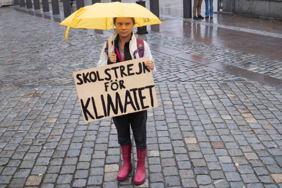 Greta Thunberg från Fridays for future protesterar utanför riksdagen i Stockholm, förra fredagen. I morgon är det dags för global strejk i bland annat Växjö.