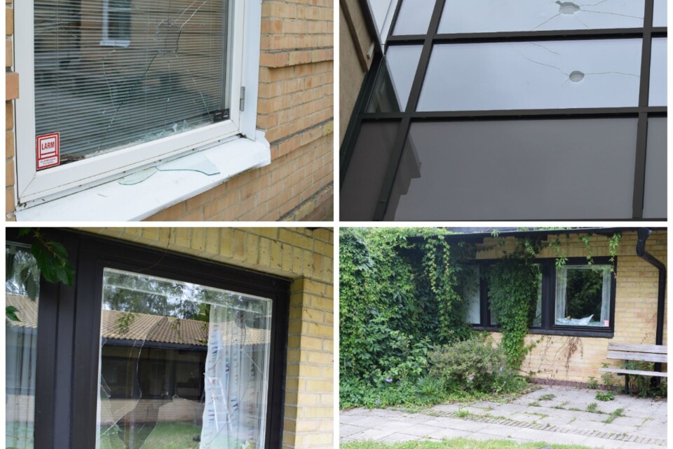 Åtta fönsterrutor har krossats och stuprör brutits sönder på Sandbäcksskolans gård.