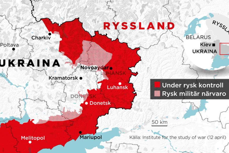 Landområden i östra Ukraina under rysk kontroll samt områden med rysk militär närvaro.