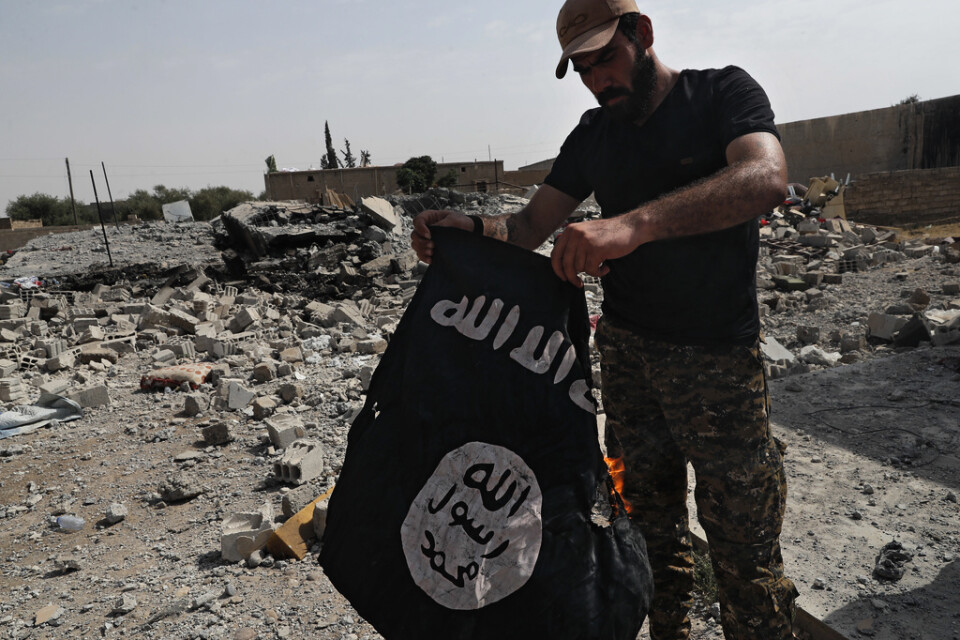 En man bränner en IS-flagga i al-Raqqa Syrien, juli 2017. Arkivbild.