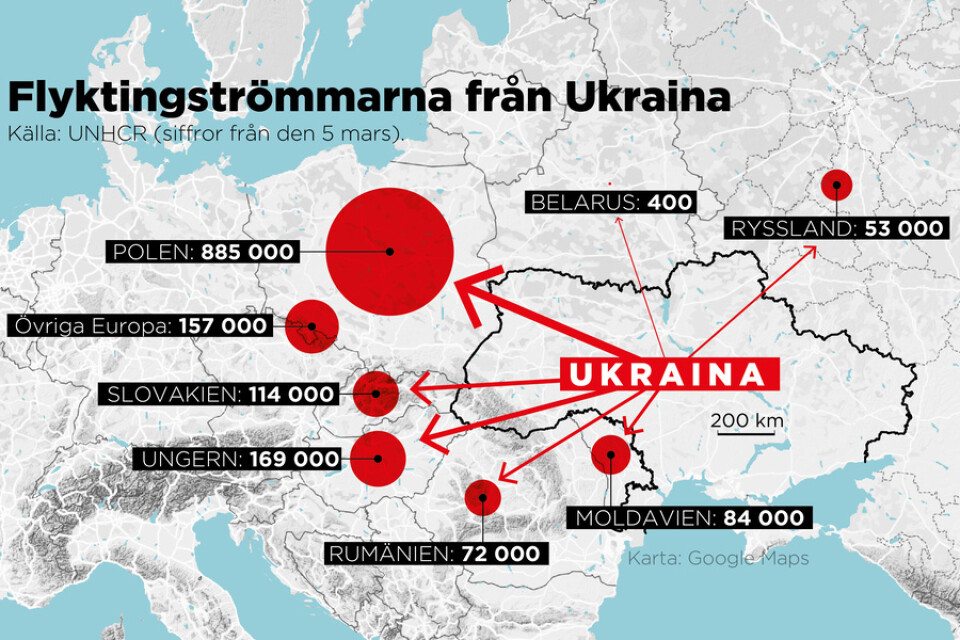 Flyktingströmmarna från Ukraina.Siffror från den 5 mars.