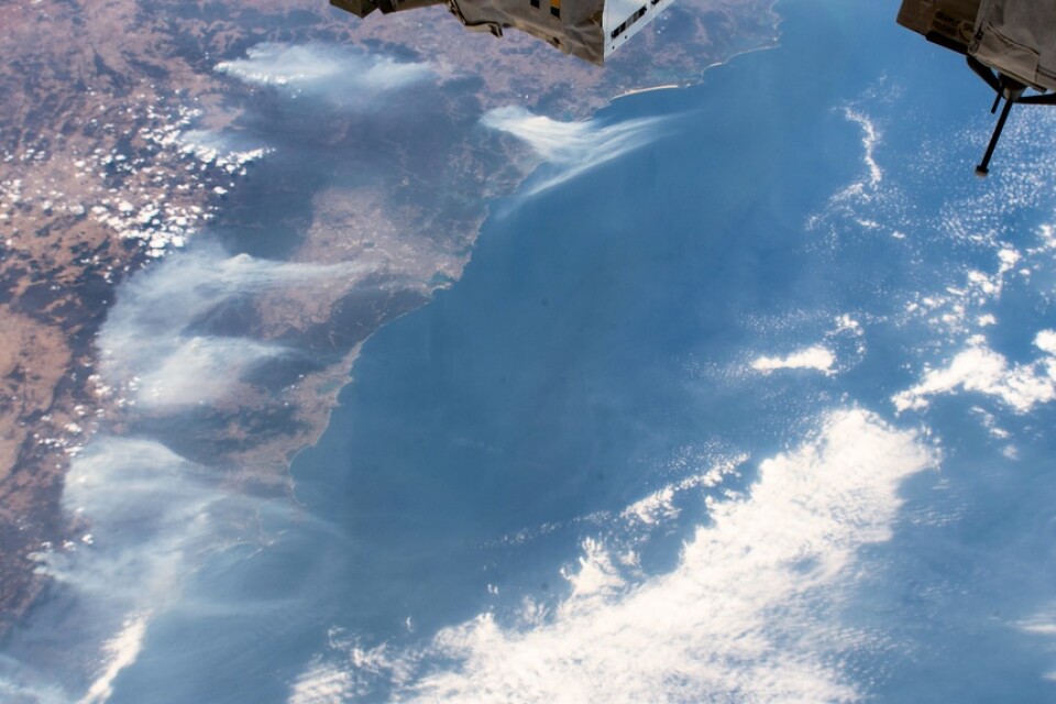 Röken från skogsbränderna i Australien syns tydligt på den här bilden, tagen från Internationella rymdstationen ISS den 3 januari.