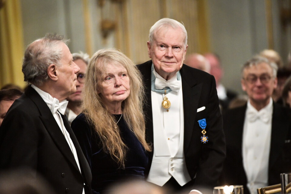 Per Wästberg, Kristina Lugn och Kjell Espmark vid Svenska Akademiens årliga högtidssammankomst i Stora börssalen i Börshuset i Stockholm 2017.