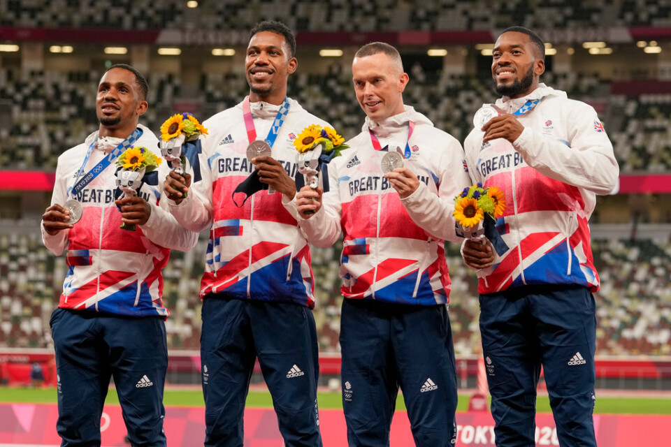 Chijindu Ujah, till vänster, tillsammans med resten av det brittiska OS-laget på 4x100 meter. Arkivbild.