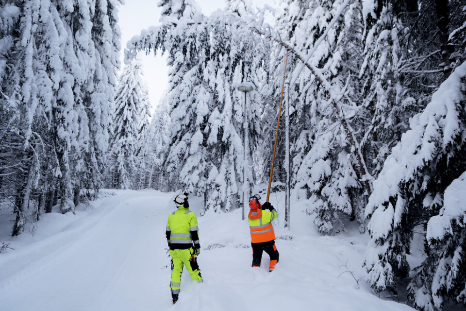 Montörer på Vattenfall på väg för att rensa ledningsgator på träd, grenar och snö efter ovädret i Västernorrland.