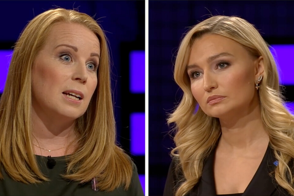 Annie Lööf (C) och Ebba Busch (KD) under söndagens partiledardebatt. Skärmavbild SVT.