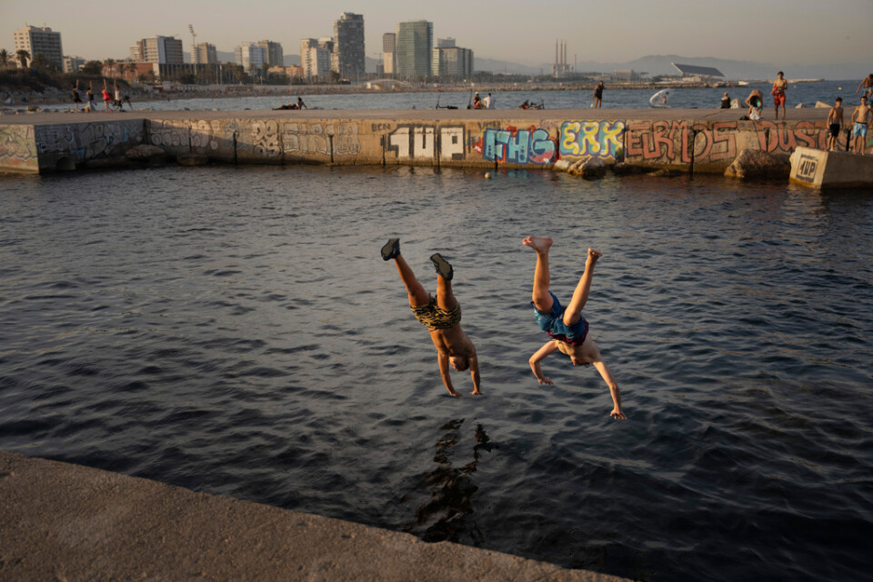 Pojkar som badar i Barcelona. Havsvattnet når nya rekordnivåer.