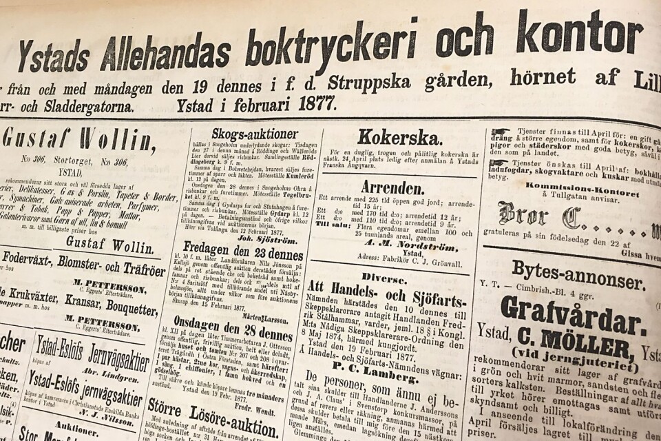 I februari 1877 flyttade Ystads Allehanda till sina nuvarande lokaler. Det meddelades självklart även i tidningen.