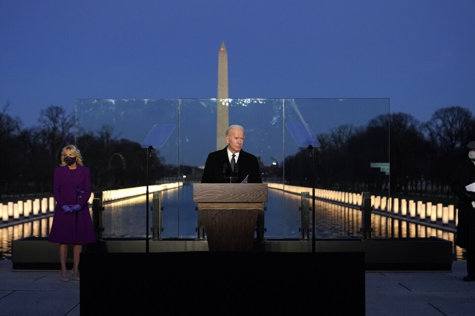 Den blivande presidenten Joe Biden under ceremonin i Washington.
