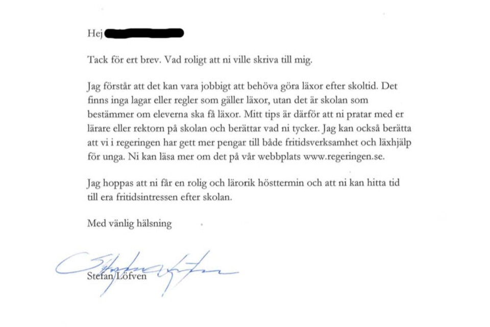 Här är Stefan Löfvens svar till de brevskrivande flickorna.