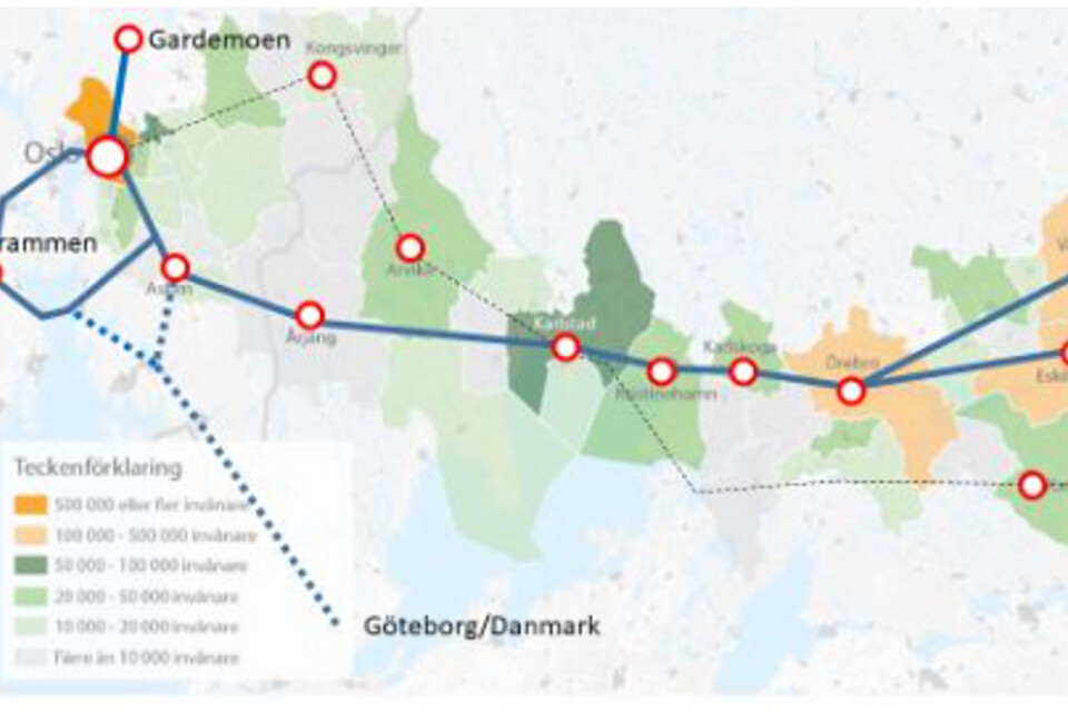 Så här skissar projektet som vill bygga höghastighetsjärnväg Oslo-Stockholm och Oslo-Köpenhamn den förstnämnda sträckan.