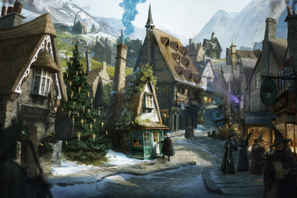 Hogwarts är bara en del av spelet. Utanför den breder en stor öppen värld ut sig och sidouppdrag tar spelaren till helt andra platser. På bilden byn Hogsmeade. Pressbild.