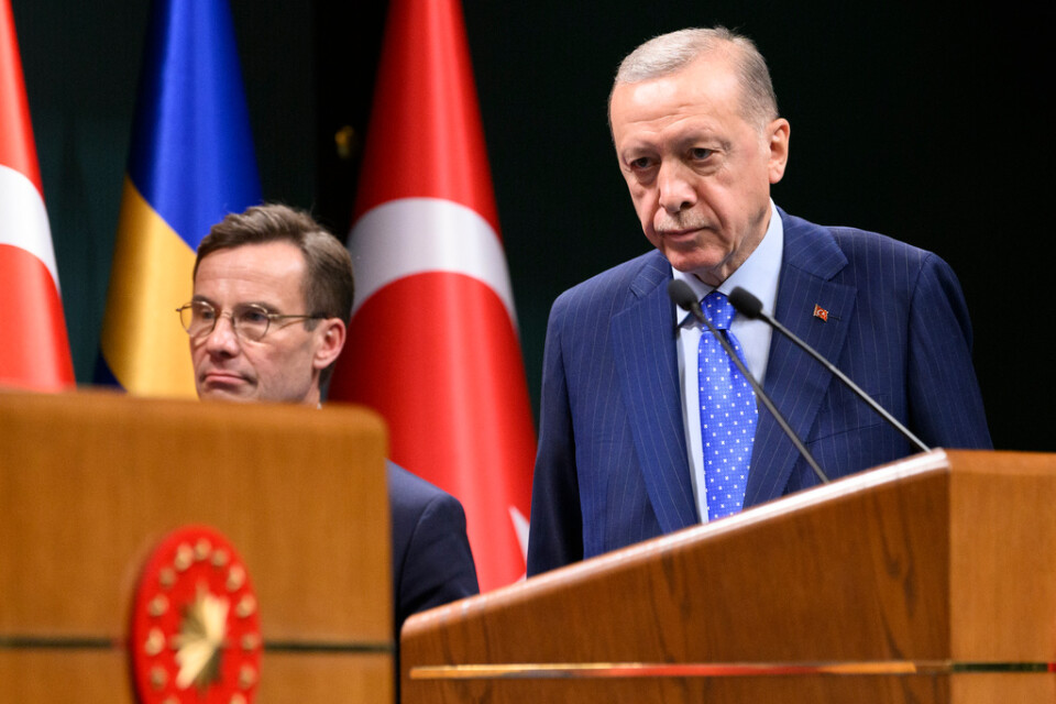 Statsminister Ulf Kristersson (M) under en presskonferens med Turkiets president Recep Tayyip Erdogan i november förra året.