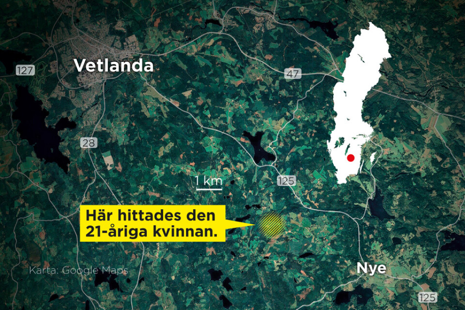 Skogsområdet söder om Vetlanda där den 21-årige kvinnan hittades.