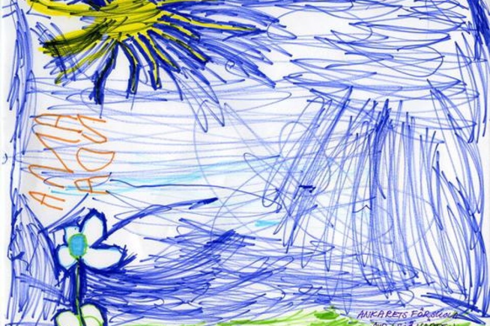 Sol, blomma och en himmel. Så heter Amandas teckning. Amanda är fyra år och hon går på Ankarets förskola i Abbekås.
