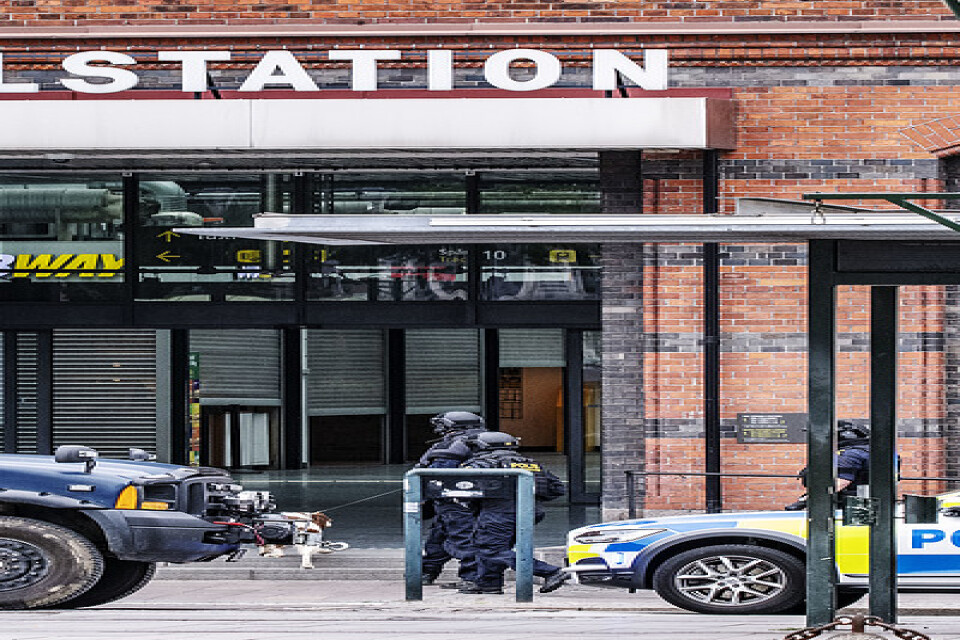 En man har blivit skjuten av polis på Malmö centralstation efter att ha uppträtt hotfullt och sagt att han hade vapen och sprängmedel i sina väskor. Bombtekniker kallades till platsen och sköt sönder väskorna.