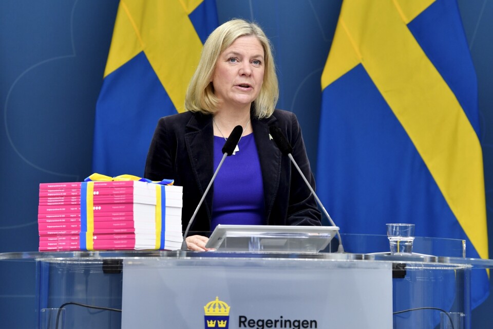 Finansminister Magdalena Andersson (S) presenterar budgetpropositionen för 2022 vid en pressträff i Rosenbad.