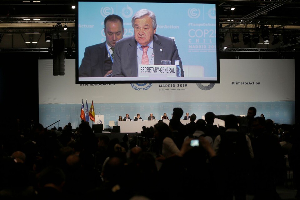 FN:s generalsekreterare Antonio Guterres talar på klimatmötet i Madrid.