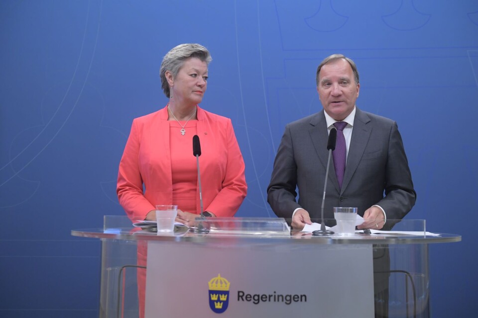 Stefan Löfven presenterade arbetsmarknadsminister Ylva Johansson som Sveriges kandidat till EU-kommissionär vid en pressträff på Rosenbad i augusti 2019.Foto: Maja Suslin / TT