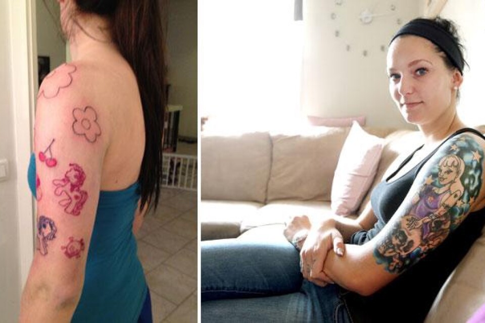 Camilla Christensen har också råkat ut tatueringar, som hon inte var nöjd med (bilden till vänster). Sedan gick hon till en annan tatuerare i Malmö som gjorde en helt ny tatuering för att dölja de misslyckade.