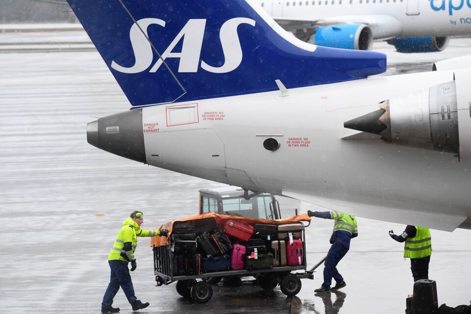 Personal på Arlanda flygplats tar hand om bagage vid ett av SAS flygplan.