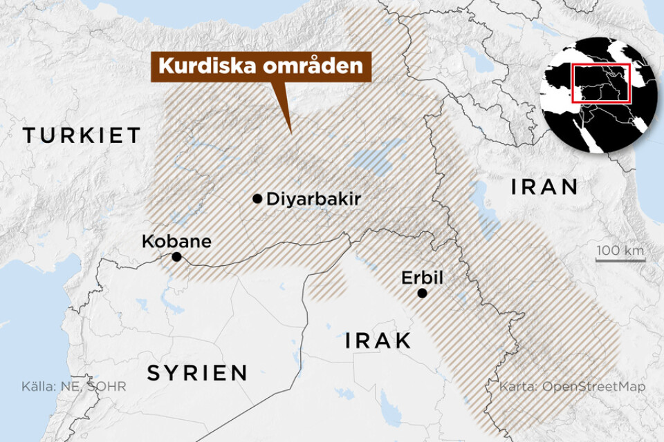 Kartan visar kurdiska områden i Turkiet, Iran, Irak och Syrien.