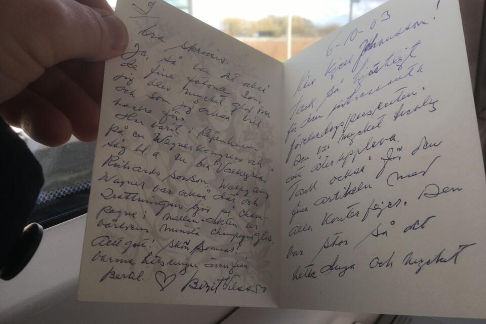 Birgit Nilssons handskrivna brev till Kjell A Johansson, från 2003.