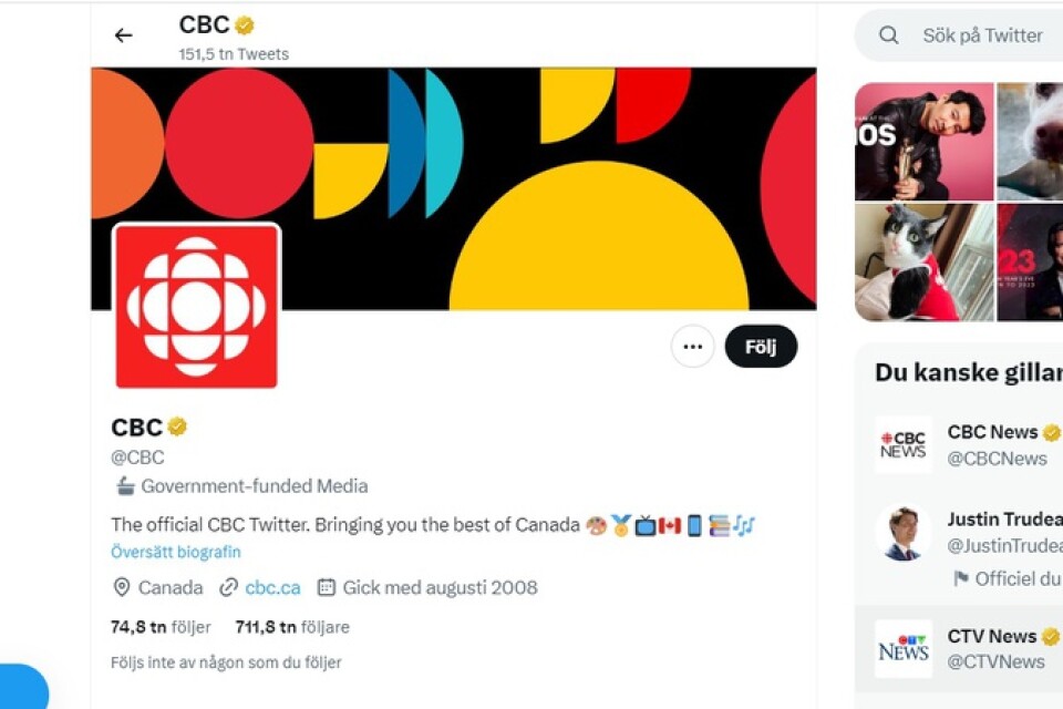 Skärmbild som visar CBC:s Twitterkonto med den nya stämpeln.