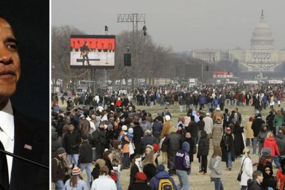 Folk samlas i National Mall för att se Barack Obama svära presidenteden. Bilder: Scanpix