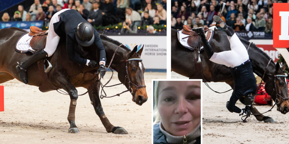Stephanie  Holmén, Österlens ridklubb, och råkade ut för ett otäckt fall under Sweden International Horse Show.