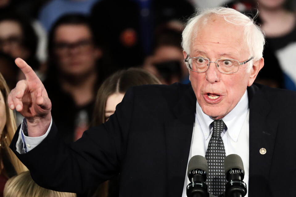 Vermontsenatorn och presidentaspiranten Bernie Sanders vid sin valvaka i Des Moines i Iowa.