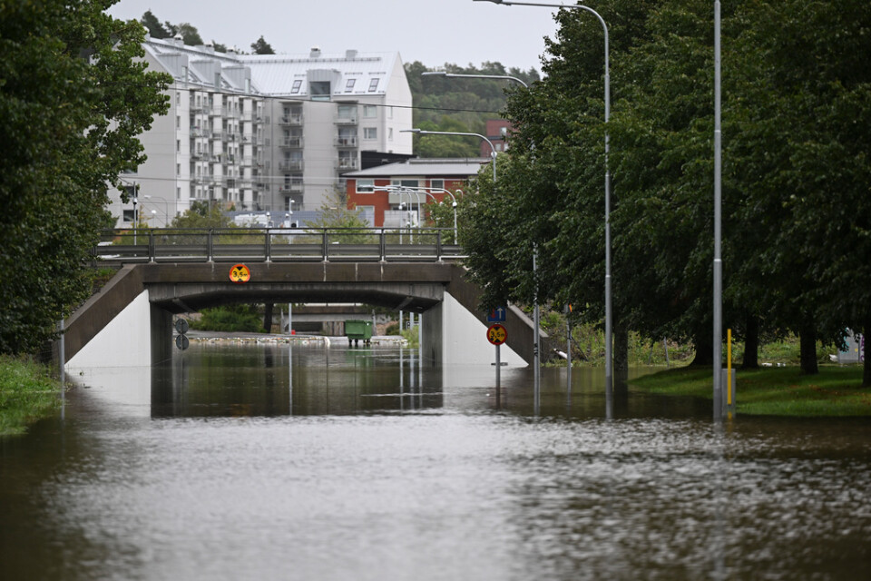Viadukt under E6:an i Kållered. Stora mängder regn har fallit till följd av ovädret Hans