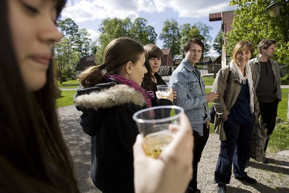 får Catarina Lord och några av hennes skolkamrater höja glasen för ett lyckat ungdomsprojekt på Wanås. Trots svåra förutsättningar blev projektionerna i dagsljus väldigt fina i filmsekvenserna som visas i den pedagogiska utställningen i sommar. Foto: Jörgen Alström