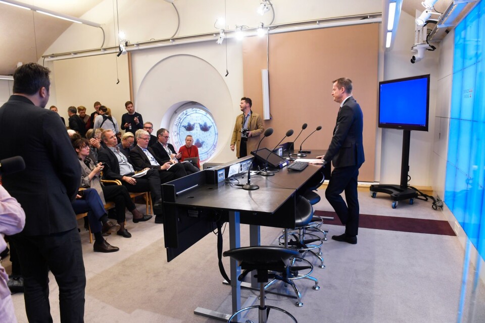Anders Ygeman, Socialdemokraternas gruppledare i riksdagen, kommentarar talmansvalet under en pressträff i Riksdagens presscenter i Stockholm.