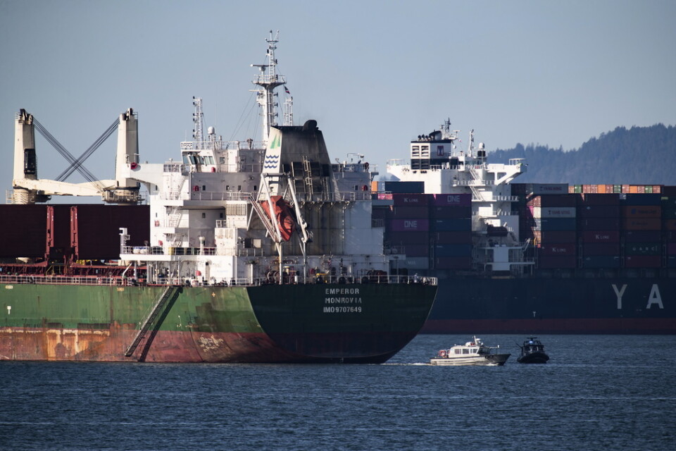 Fraktfartyg ligger för ankar utanför Vancouver till följd av blockaderna. Bilden är tagen i torsdags.