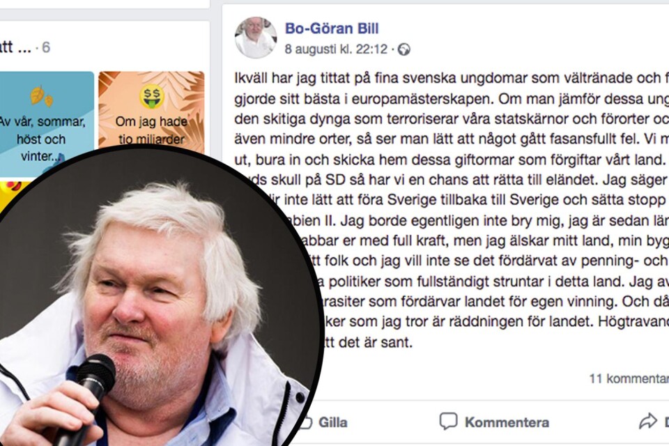 Bo-Göran Bill går ut med yviga formuleringar på sin Facebooksida, framför allt mot de som kommer till Sverige och begår brott.