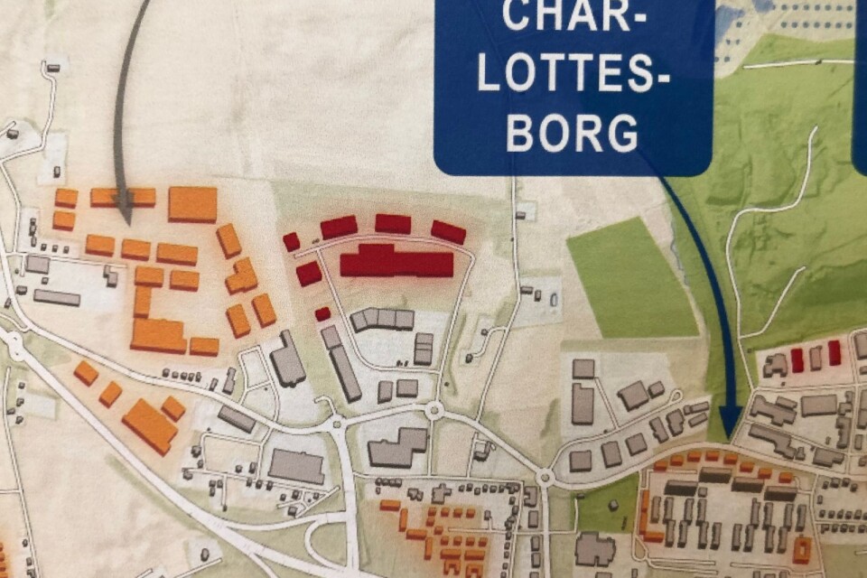 Orange färg är för bostäder som är på förslag i översiktsplanen fram till 2032. Röd färg är bostäder som redan är inplanerade på Charlottesborg,