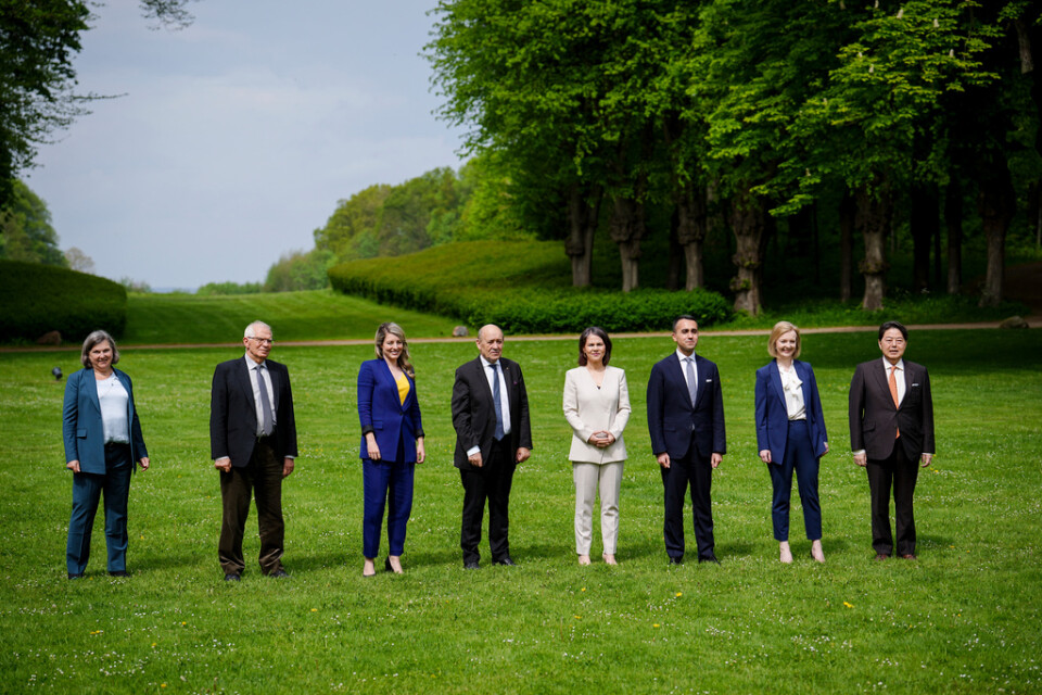 Representanter för G7-länderna, tillsammans med Ukrainas utrikesminister och EU:s utrikeschef, på bild från i fredags.
