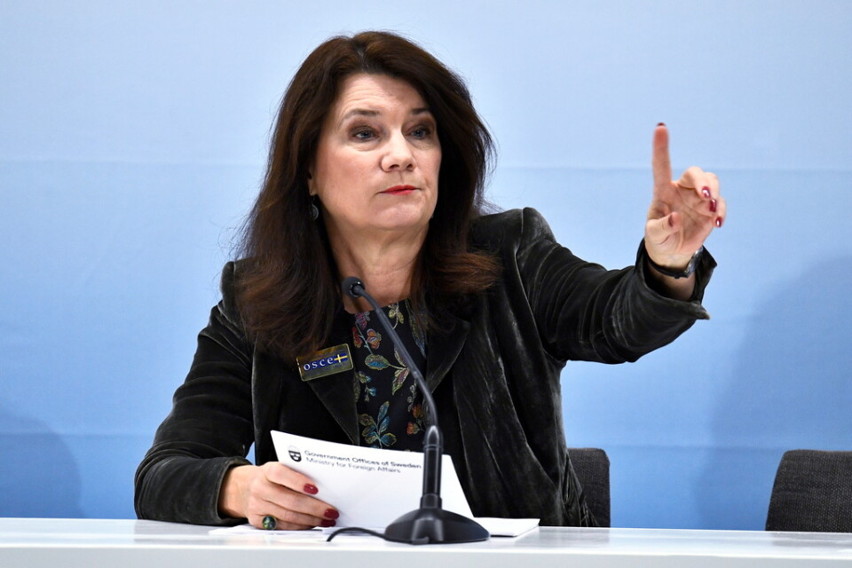 Utrikesminister Ann Linde (S) vid en presskonferens under OSSE-mötet på torsdagen.