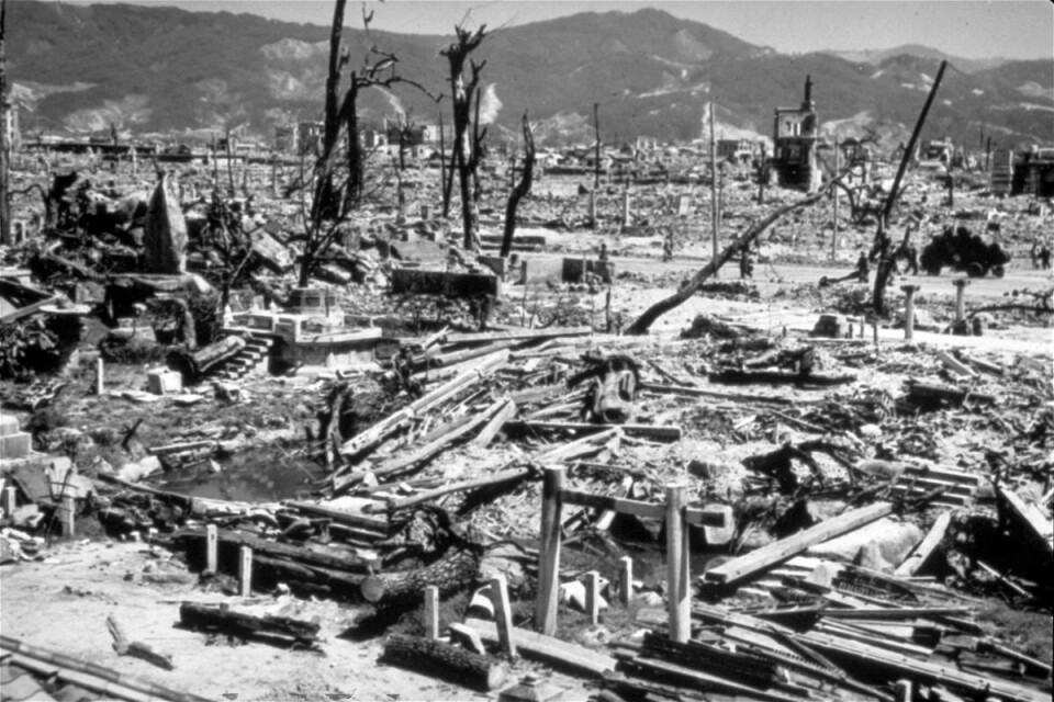 Bilden visar förstörelsen efter atombomben som fälldes över den japanska staden Hiroshima den 6 augusti 1945.
