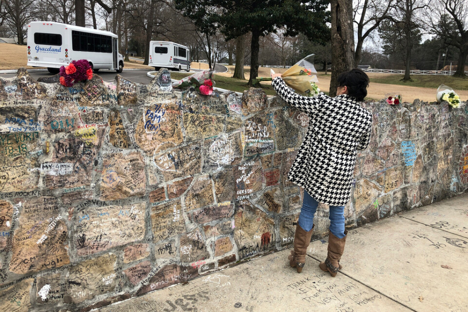 Ett fan placerar en blombukett vid Graceland i Memphis.