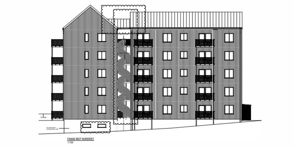 Ett av Deromes flerbostadshus som ska börja byggas nästa år. Illustration från bygglovshandlingen