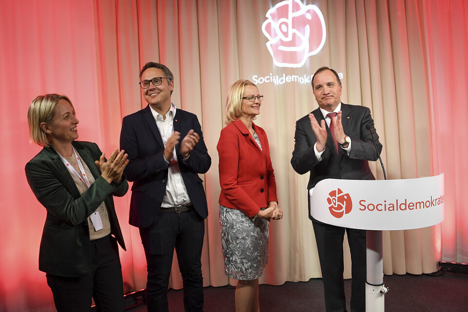 Jytte Guteland, Johan Danielsson, Heléne Fritzon och statsminister Stefan Löfven vid Socialdemokraternas valvaka.
